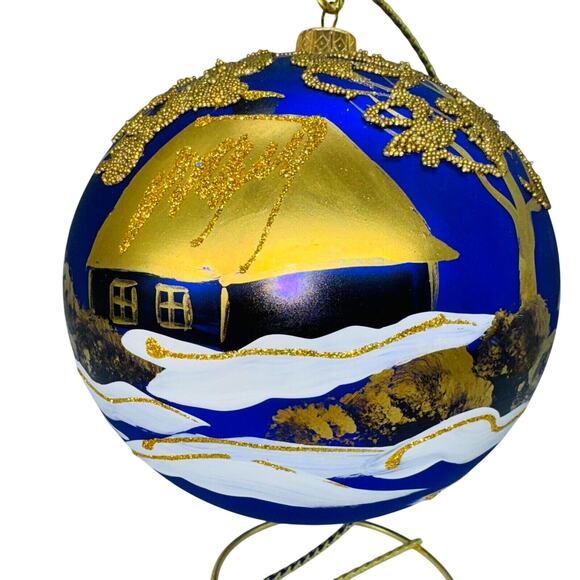 Vintage HUGE 6" Glass Ball Ornament Handmade Hand Painted In Poland Polish Blue - Picture 1 of 9